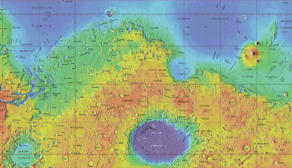 Topografische kaart van Mars met rechtsboven Utopia Planitia. 