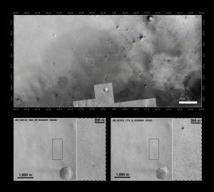 Locatie waar Schiaperelli is neergestort. Linksonder: voor de landing. Rechtsonder: 20 oktober 2016. Beeld: NASA/JPL-Caltech/MSSS, Arizona State University; bewerkingen: NASA/JPL-Caltech/MSSS