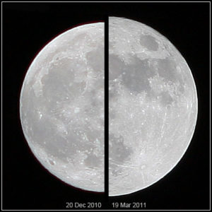 Links maan tijdens het apogeum en rechts tijdens het perigeum. Beeld: Wikimedia Commons, Marcoaliaslama