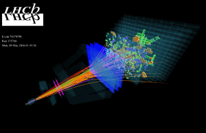 Een botsing in het LHCb experiment, waarbij diverse deeltjes ontstaan. Beeld: CERN/LHCb