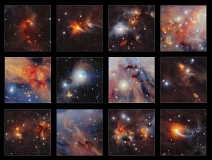 Verzameling details van de infraroodopname van de moleculaire wolk Orion A, die gemaakt is met de VISTA-telescoop. Kun je ze allemaal terugvinden? Beeld: ESO/VISION survey